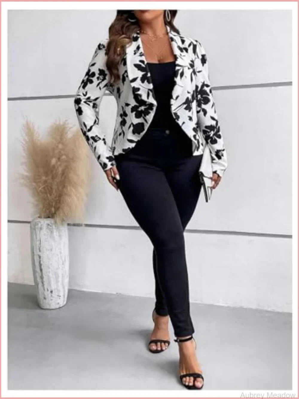 Plus Size Floral Print Blazer Shawl Collar Open Front Long Sleeve Jacket